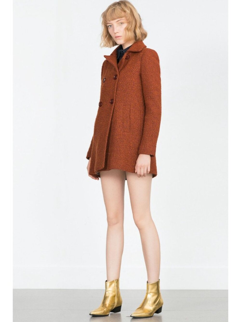 Zara Outerwear Brown Double Breasted Boucle Coat Pockets Size L Jacket Peacoat - Picture 2 of 16